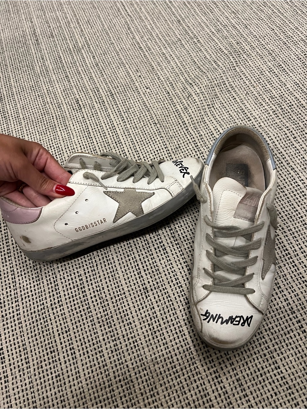 Golden Goose White Leather Low-Top Sneakers with Gray Star and Pink Heel